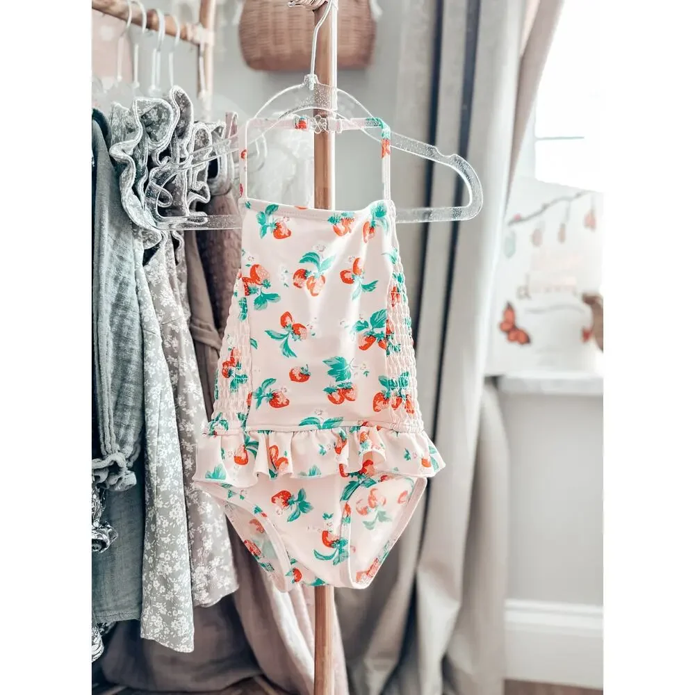 Darling Little Blush Strawberry Print Flutter Trim Halter Swimsuit 12-18mths